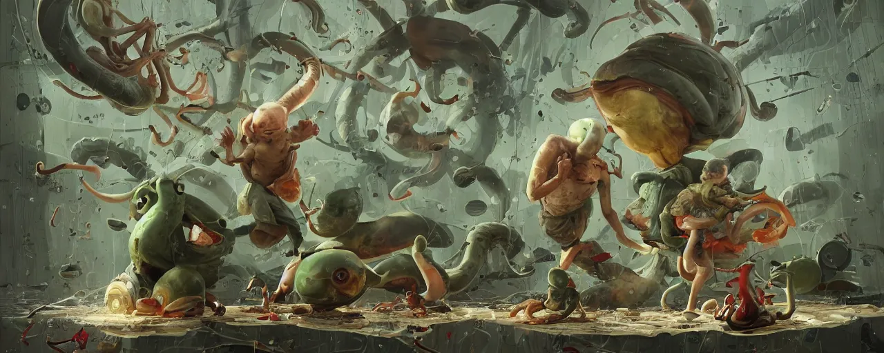 Image similar to duotone olive green snails illustration 3 / 4 portrait of gollum kun fu fighting with giant toxic snails chaotic composition accidental renaissance golden ratio. by sachin teng and sergey kolesov and ruan jia and heng z. graffiti art, scifi, fantasy, hyper detailed. octane render. concept art. trending on artstation