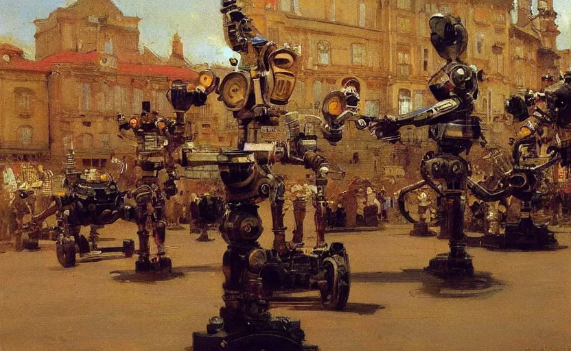 Image similar to high quality high detail painting by ilya repin, robots taking over the city, hd