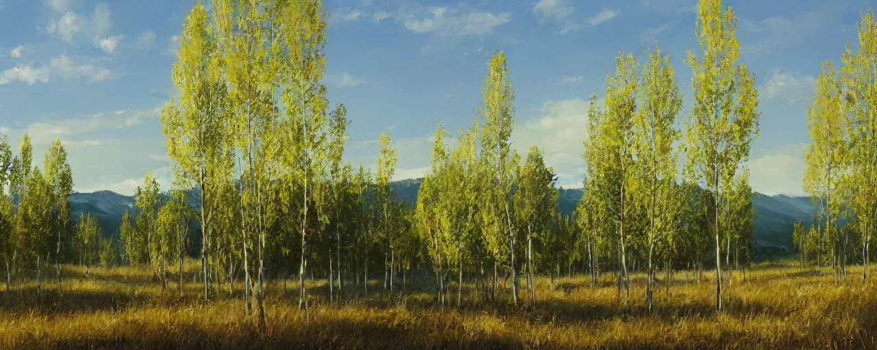 Prompt: open green field dotted with aspen trees, large white tower on the horizon, clear and sunny, oil painting, high detail, post processing, high fantasy, concept art