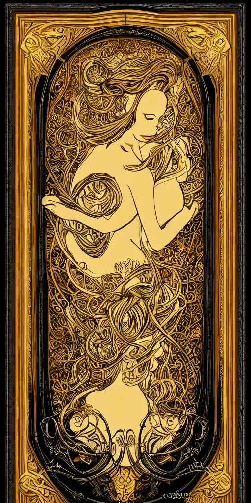 Image similar to an intricate art nouveau canvas frame, with golden entertwined edges and black center, highly detailed, artstation, concept art, matte, sharp focus,