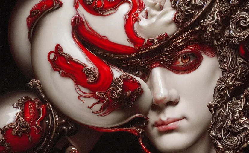 Image similar to a dark baroque close - up portrait of an ornate red and white porcelain being made out of white sci - fi vitrified translucent ceramic marble ; china. reflective detailed textures. gloomy black background. highly detailed fantasy science fiction painting by moebius, norman rockwell, frank frazetta, and syd mead. rich colors, high contrast. artstation