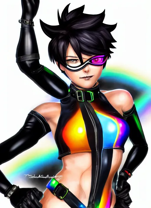 Image similar to full body digital artwork of tracer overwatch, wearing black iridescent rainbow latex swimsuit, 4 k, expressive happy smug expression, makeup, in style of mark arian, wearing detailed black leather collar, wearing chains, black leather harness, leather cuffs around wrists, detailed face and eyes,