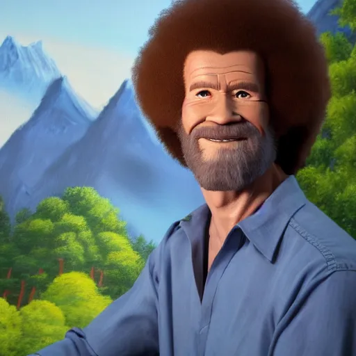 Image similar to a closeup photorealistic photograph of bob ross working on a canvas painting of spiderman. film still. brightly lit scene. mountains and trees. this 4 k hd image is trending on artstation, featured on behance, well - rendered, extra crisp, features intricate detail, epic composition and the style of unreal engine.