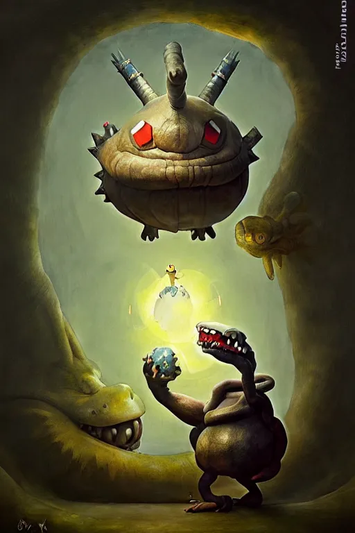 Image similar to hieronymus bosch, greg rutkowski, anna podedworna, painting of pokemon geodude king k rool