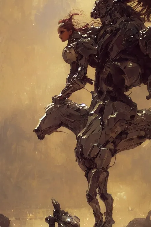 Prompt: portrait full body girl metal armor and metal horse poses by gaston bussiere, anna nikonova aka newmilky, greg rutkowski, yoji shinkawa, yoshitaka amano, moebius, donato giancola, geoffroy thoorens, concept art, trending on artstation, featured on pixiv, cinematic composition, 8 k