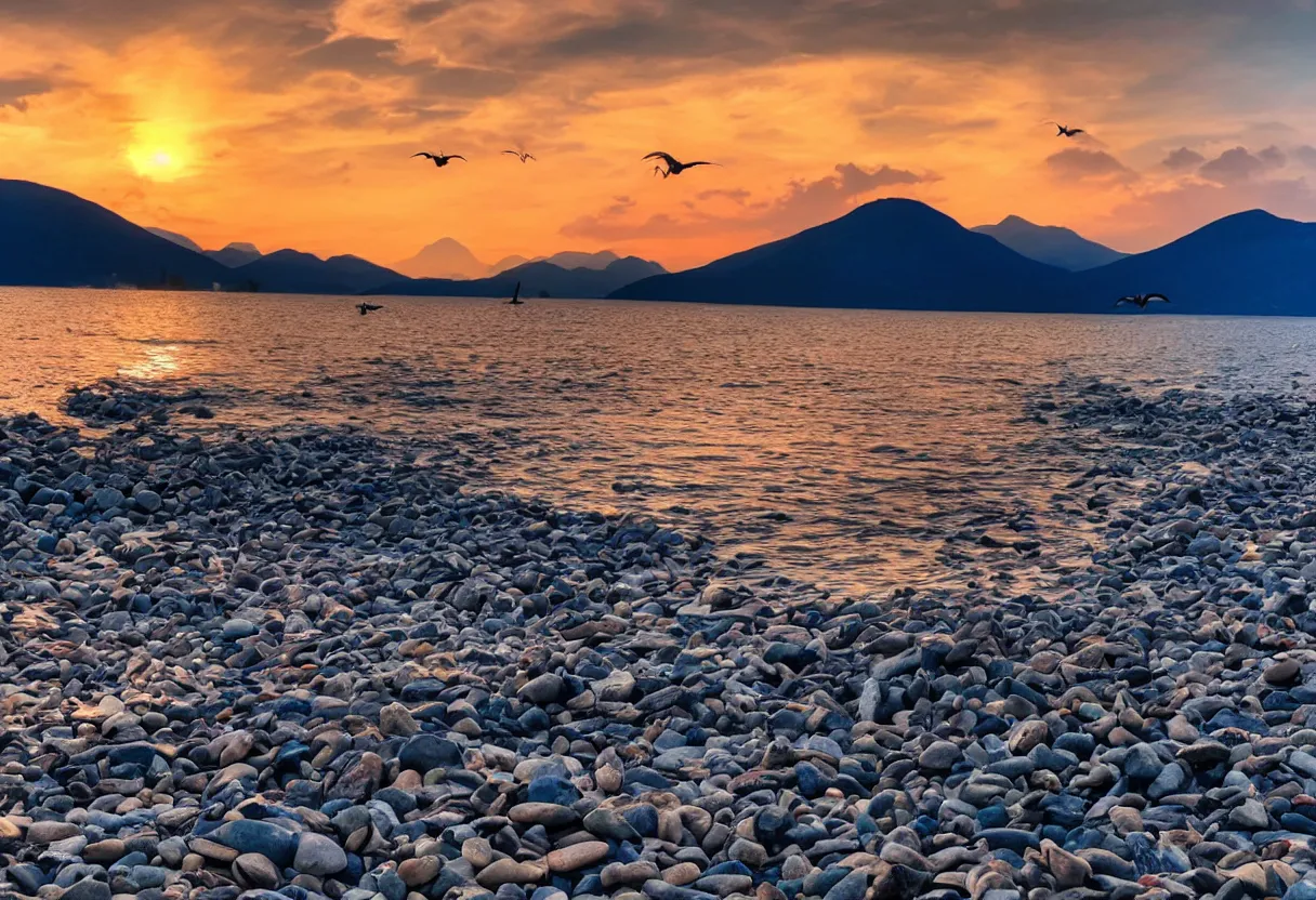 Prompt: a photo of a lake with mountains in the background, dusk, two cranes flying across the sun, sun rays hitting the pebbles in the foreground