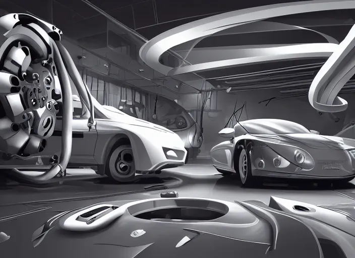 Image similar to an automobile in a studio, futuristic, art style by pablo carpio, car design by vergil exner, big engine and big wheels. full view, blank background.