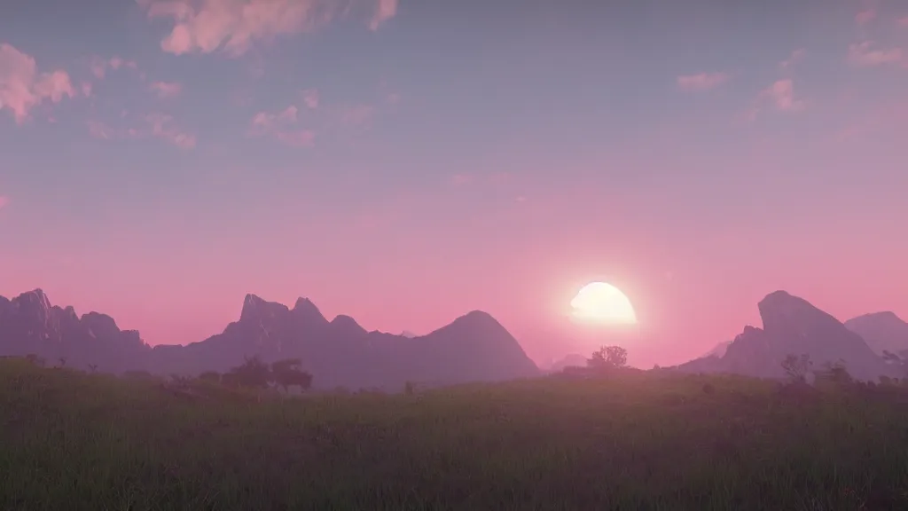 Prompt: distant mountains under the pink clouds backlit by the sun, volumetric fog, ue4, ue5, unreal engine, by Greg Rutkowski
