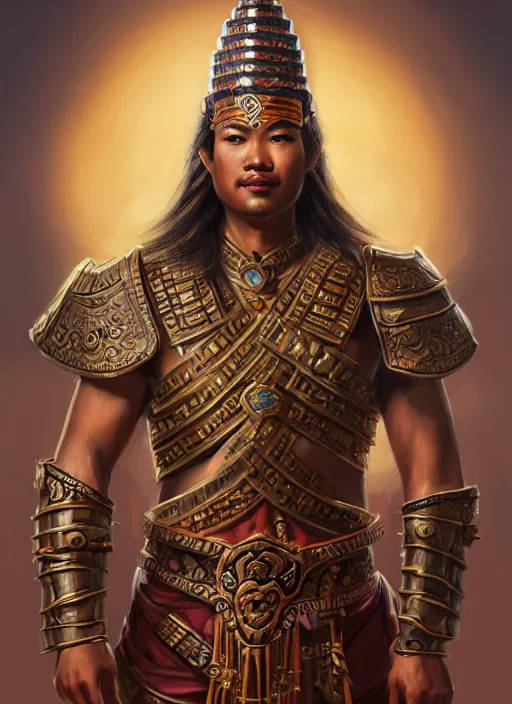 Prompt: smart tai warlord, closeup portrait, historical hero, ethnic group, sukhothai costume, thai bronze headdress, intricate, with leather armor cross on bare chest, elegant, loin cloth, highly detailed, oil painting, artstation, concept art, matte, sharp focus, illustration, hearthstone, art by earl norem