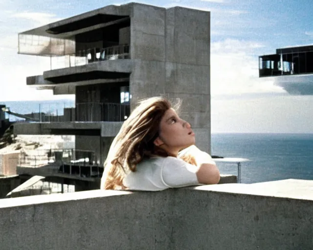 Image similar to a still of a young woman standing on a huge concrete white balcony, high above the ground, of a minimalist brutalist beach house, outside view, angle, clear sky and background, in the music video Wrapped Around your Finger (1983)