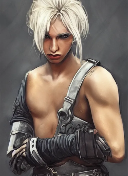 Prompt: a blonde boy thief with a metal armband in the style of eve ventrue