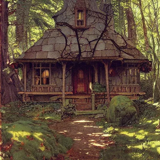 Image similar to witch cottage in the forest, art by norman rockwell and donato giancola and greg rutkowski