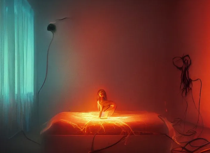 Prompt: rgb, portrait, woman, bedroom full of fire, rage, cinematic, movie scene, inspired by zdzislaw beksinski, clothes made out of veins,, cables everywhere, bedroom, ultra realistic, concept art, intricate details, highly detailed, photorealistic, octane render, 8 k