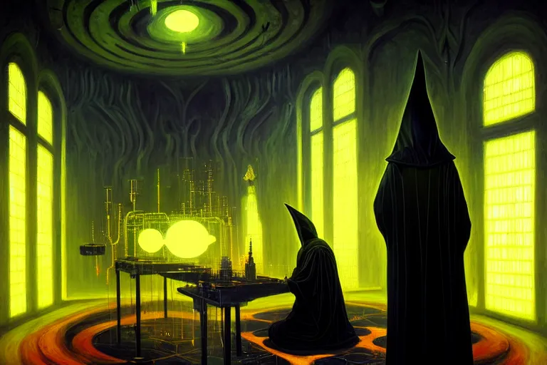 Image similar to a beautiful masterpiece painting of a technomancer wizard in black robes with pointed hood discussing sentience with his synthesized AI djinn in his laboratory filled with computers by Remedios Varo and Anato Finnstark and Greg Rutkowski