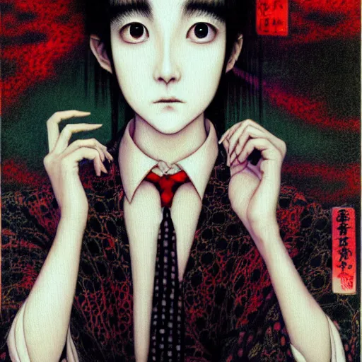 Image similar to yoshitaka amano blurred and dreamy realistic three quarter angle portrait of a young woman with black eyes wearing dress suit with tie, junji ito abstract patterns in the background, satoshi kon anime, noisy film grain effect, highly detailed, renaissance oil painting, weird portrait angle, blurred lost edges