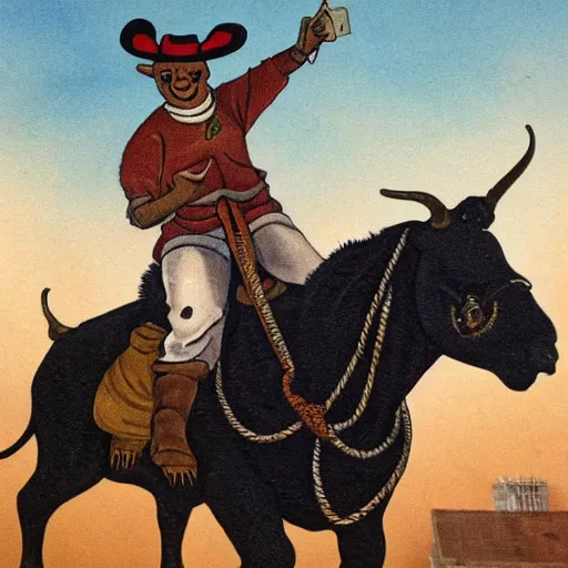 Image similar to pepe riding a bull