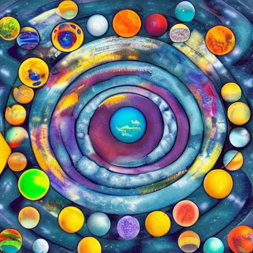 Image similar to solar system as a group of marbles over the carpet of the universe, a joyful marble game, childhood, dream, colorful