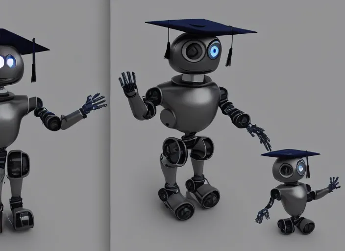 Image similar to professional illustration of the robot in graduation hat, sharp, hyperrealism rendered in blender and octave render 4K