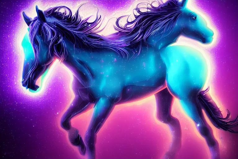 Image similar to a stunning horse with bioluminescent mane and tail running by sandra chevrier and greg rutkowski, neon hooves, purple blue color scheme, vaporware, retro, outrun, high key lighting, volumetric light, digital art, highly detailed, fine detail, intricate, ornate, complex, octane render, unreal engine, photorealistic