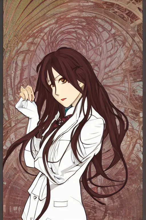 Image similar to Kurisu Makise in long lab coat tonemapped in the style of Ayami Kojima and Alphonse Mucha