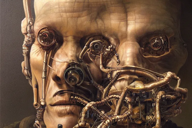 Prompt: beautiful oil clean painting biomechanical portrait of man connected to the machine by wayne barlowe, rembrandt, complex, stunning, realistic skin color