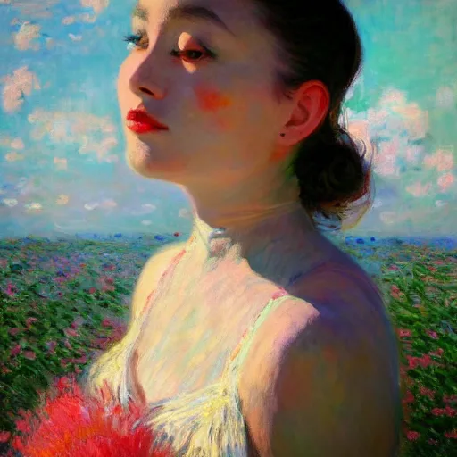 Prompt: Monet portrait painting of a beautiful girl, medium shot, asymmetrical, profile picture, Organic Painting, sunny day, Matte Painting, bold shapes, hard edges, street art, trending on artstation, by Huang Guangjian and Gil Elvgren and Sachin Teng