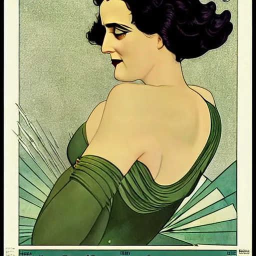 Image similar to Eva Green is Metamorpho, the Element Woman, Art by Coles Phillips, Chalk white skin, deep purple hair, Green eyes, Portrait of the actress, Eva Green as Metamorpho, art deco, Alphonse Mucha, carbon black and antique gold
