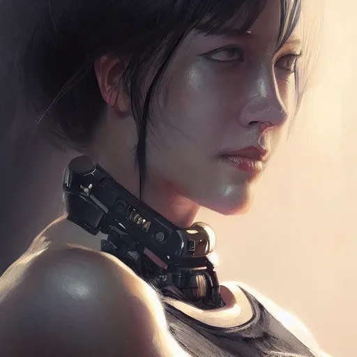 Prompt: portrait of a female cyborg by greg rutkowski, she is about 3 0 years old, korean, pale, white bob hair, she is wearing a black tank top, highly detailed portrait, digital painting, artstation, concept art, smooth, sharp foccus ilustration, artstation hq