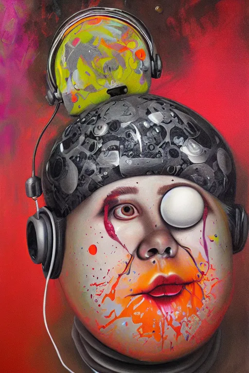 Image similar to hyperrealism surrealism acrylic painting, aerosol splashes on paper, close - up portrait of bowling ball - with big headphones and a mime sweater art by jeff soto