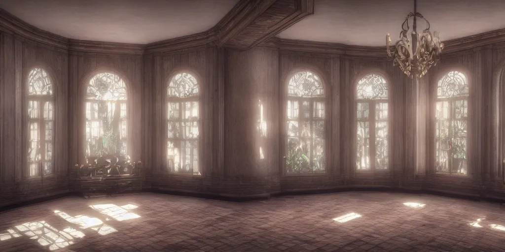 Image similar to kingdom hearts twilight town mansion interior, nostalgic abandoned, sunlight streaming through the windows