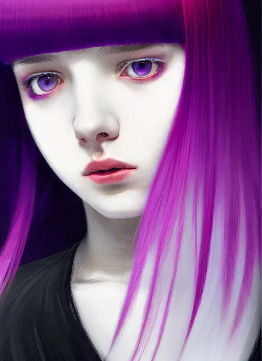 Image similar to hair whitebangs hair, black hair, whitebangs, portrait of teenage girl with white bangs, red irises, purple clothes, white bangs, bangs are different color from hair, intricate, elegant, glowing lights, highly detailed, digital painting, artstation, concept art, smooth, sharp focus, illustration, art by wlop, mars ravelo and greg rutkowski