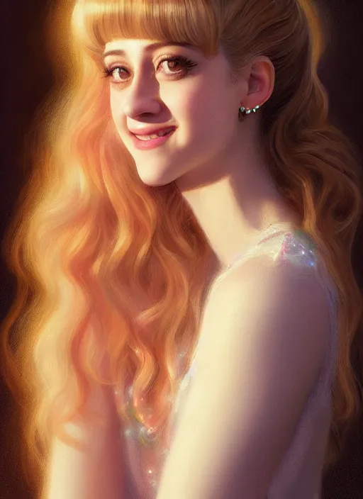 Image similar to portrait of lili reinhart with fluffy bangs, smiling kindly, bangs, 1 9 6 0 s, ponytail, curly bangs and ponytail, intricate, elegant, glowing lights, highly detailed, digital painting, artstation, concept art, smooth, sharp focus, illustration, art by wlop, mars ravelo and greg rutkowski