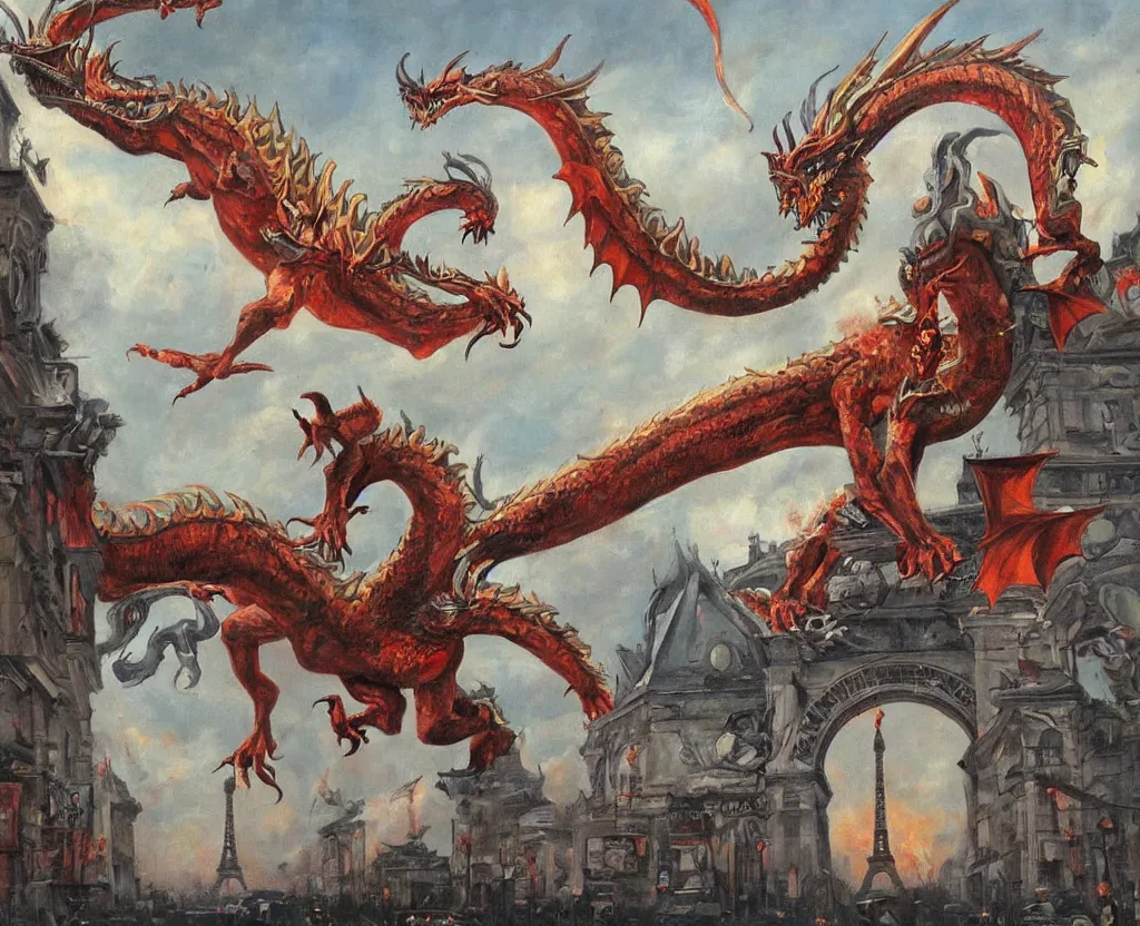 Prompt: A gigantic dragon attacking Paris painting