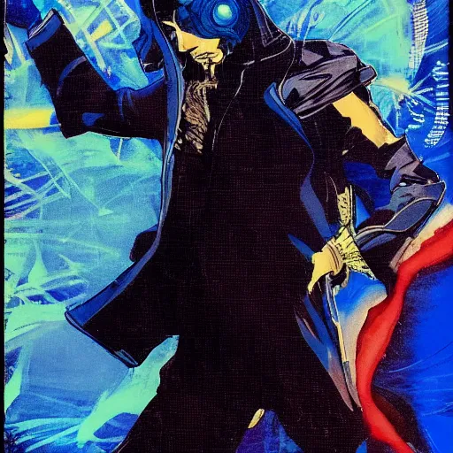 Image similar to portrait of the hacker cyberpunk magician in a dramatic jojo pose tarot card, golden blue outfit, oil on canvas by yoji shinkawa and esao andrews and ryuichi sakamoto