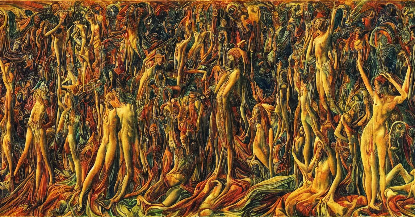 Prompt: Imagination of human souls sitting in cinema like room and watch very interested bright warm light of consciousness projecting their lives on the big wide screen, realistic, deep sense of spirituality, life meaning, meaning of physical reality, calm atmosphere, by Ernst Fuchs