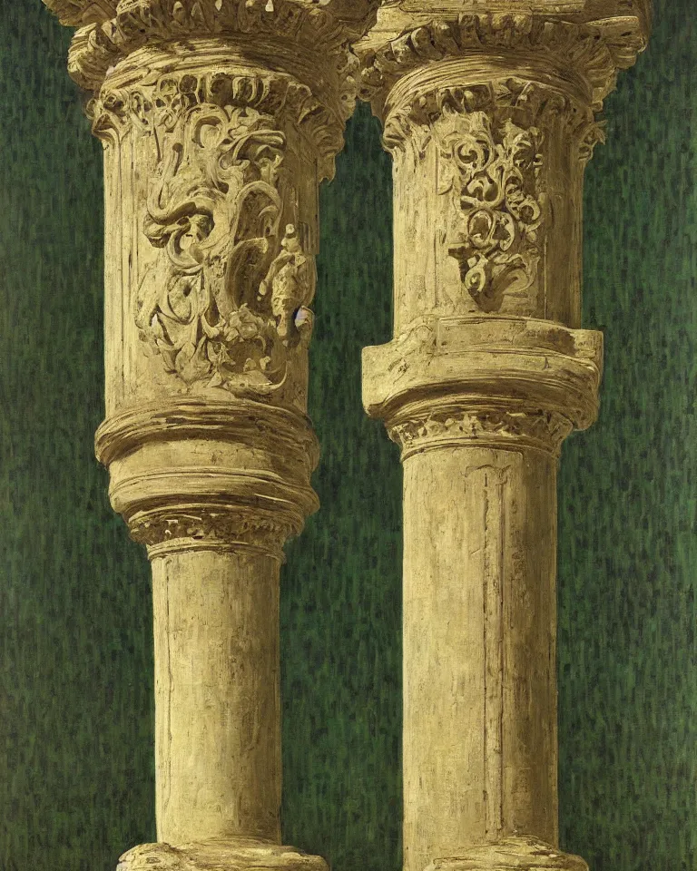 Image similar to achingly beautiful painting of intricate ancient roman corinthian capital on olive drab background by rene magritte, monet, and turner. giovanni battista piranesi.