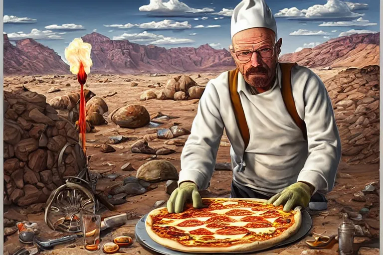 Image similar to a highly detailed portrait of walter white making pizza! in the desert, steaming hot sun in the sky, holding a blowtorch and a pizza peel, intense heat, post - apocalyptic vibe, full body, wide angle, an ultrafine detailed painting by joe fenton, trending on deviantart, pop surrealism, whimsical, lowbrow, perfect symmetrical face, sharp focus, octane, masterpiece