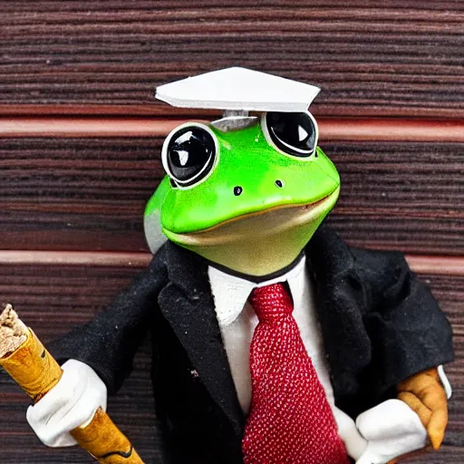Prompt: a high detail closeup shot of a frog wearing a suit 👔,and smoking a cigarrette🚬