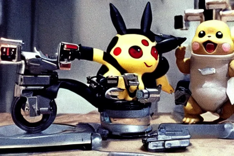 Image similar to Terminator Pikachu scene where his endoskeleton gets exposed still from the film, 1980s