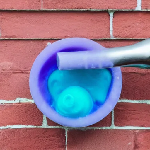Prompt: photo of purple translucent slime coming out of a silver faucet, brick wall, 50mm, beautiful photo