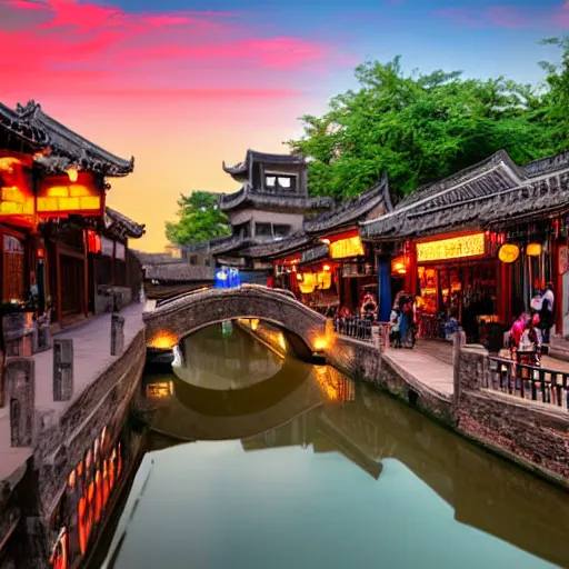 Image similar to evening water town in the south of china, zhouzhuang ancient town, sunset glow, super realistic photo