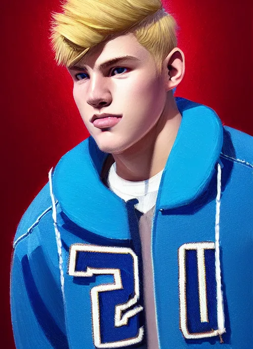 Image similar to portrait of high school senior boy named big moose, blonde short hair, jock, beefy, wide face, square jaw, square facial structure, blue varsity jacket with letter r, intricate, elegant, glowing lights, highly detailed, digital painting, artstation, concept art, sharp focus, illustration, art by wlop, mars ravelo and greg rutkowski