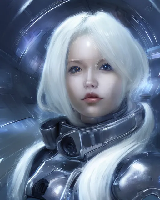 Image similar to detailed portrait of perfect android girl, warframe armor, beautiful face, scifi, futuristic, space station, laboratory, song hye - kyo, dreamy, long white hair, blue cyborg eyes, cinematic lighting, innocent, highly detailed, sharp focus, smooth, artstation, intricate, award winning, pure aura, divine, by akihiko yoshida