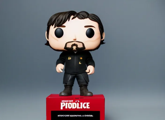 Prompt: product still of Christian Bale funko pop with box, 85mm f1.8