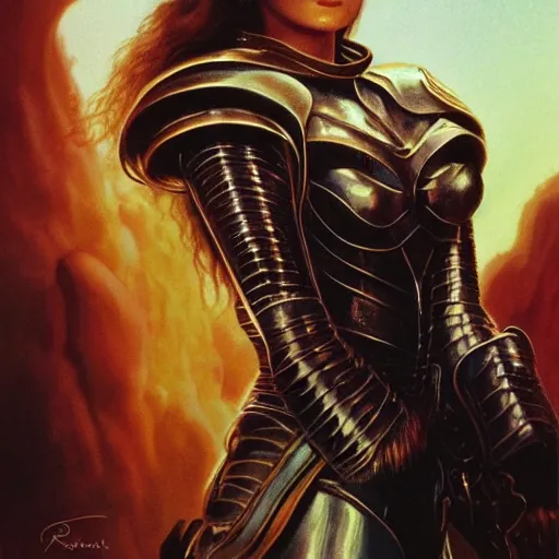 Prompt: portrait of a stunningly beautiful paladin in copper plate armor who looks like young michelle pfeiffer, moonlight in the background by boris vallejo and julie bell, full body, soft lighting, HD, elegant, intricate, masterpiece