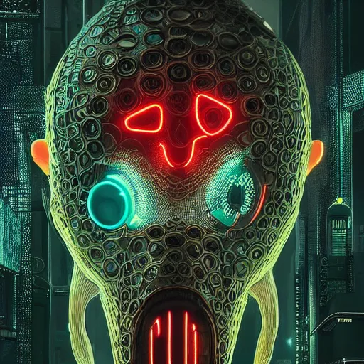 Image similar to portrait of a squid monster. intricate abstract. cyberpunk, intricate artwork. neon eyes, by Tooth Wu, wlop, beeple. octane render, trending on artstation, greg rutkowski very coherent symmetrical artwork. cinematic, hyper realism, high detail, octane render, 8k, minimalistic, hyperrealistic surrealism, award winning masterpiece with incredible details, a surreal vaporwave liminal space, highly detailed, trending on ArtStation