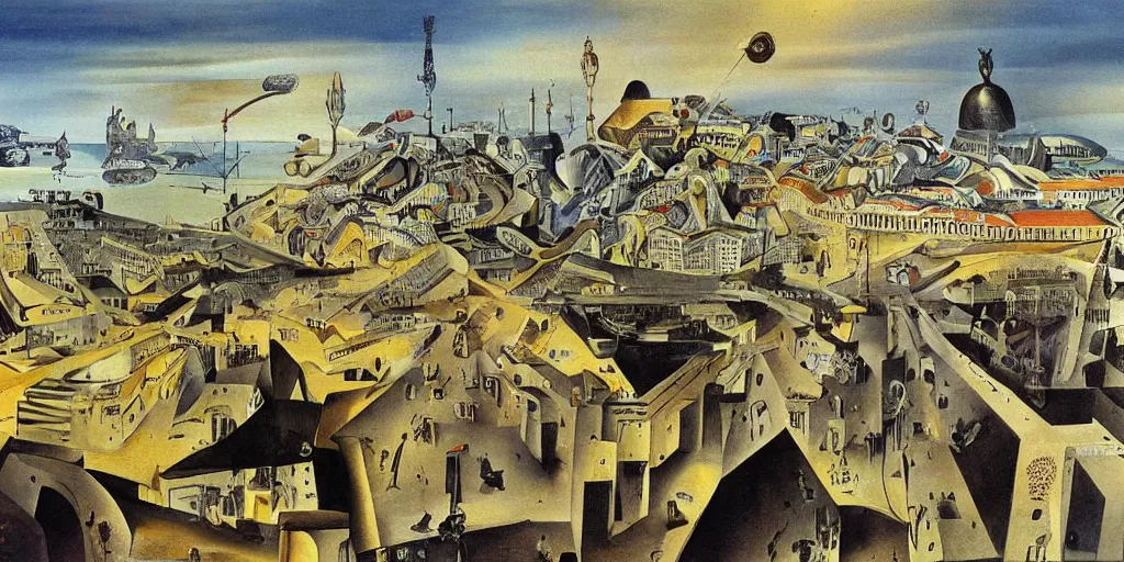 Prompt: future city of lisbon as painting by Dali