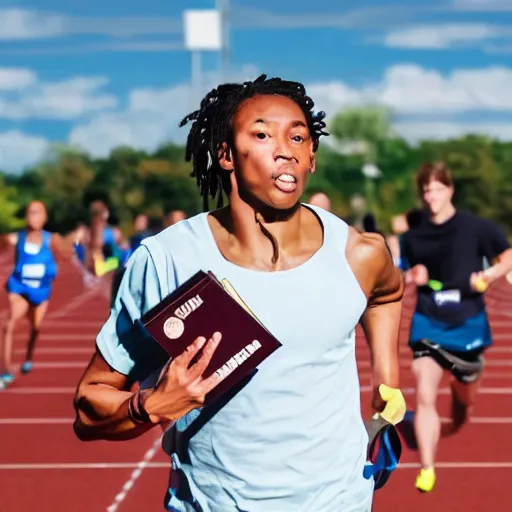 Image similar to stock photograph of an athletic runner holding a bible. Chased by mysterious monsters. Track and field event. DSLR Photography