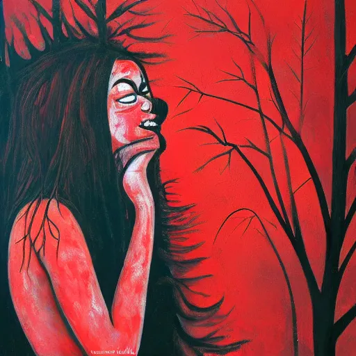 Prompt: crying woman in burning red forest painted by acrilic paint