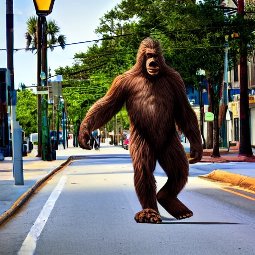 Image similar to bigfoot walking down the street in downtown Pensacola Florida